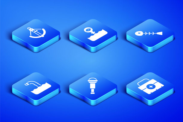 设置“急救箱”、“锚”、“望远镜”、“潜望镜”和“死鱼”图标。向量图片下载