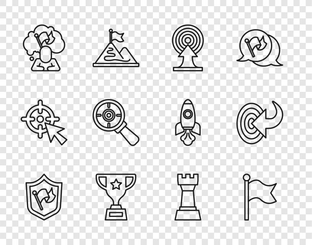 设置线盾旗，旗帜，目标箭，奖励杯，人持有，放大镜，象棋和图标。向量图片下载