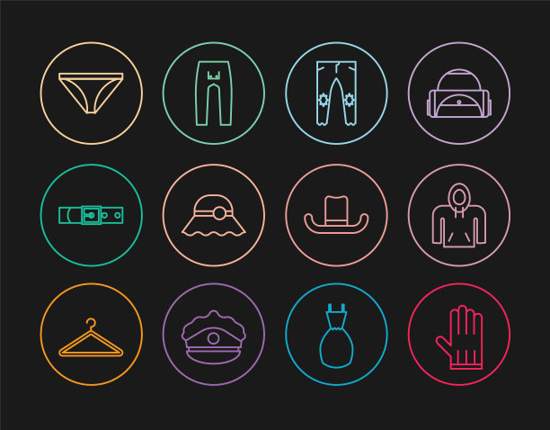 集线皮革手套，帽衫，裤子，优雅的女人帽子，皮带，男人内裤，男人和图标。向量图片下载