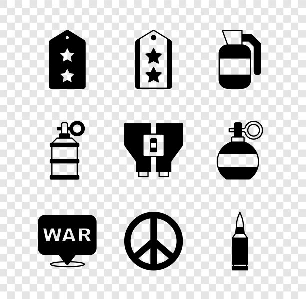 设置军衔，手榴弹，战争，和平，子弹，烟雾和望远镜图标。向量图片下载