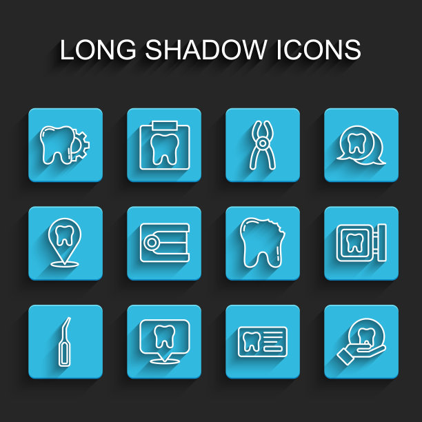 设置线牙科explorer scaler，诊所位置，牙齿治疗程序，卡片，假牙模型，和断牙图标。向量图片下载