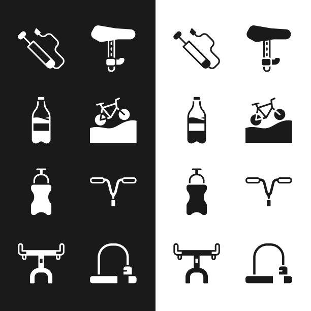 设置山地车，运动瓶与水，自行车气泵，座椅，车把，锁和图标。向量图片下载