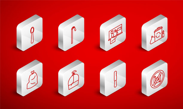 设置“对塑料袋说不”海报，饮用吸管，停止污染，可回收垃圾桶，一次性小刀，勺子，液体肥皂瓶和垃圾图标。向量图片下载