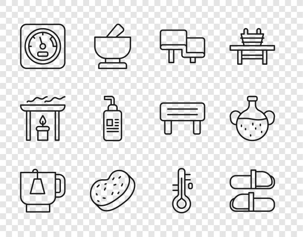 设置线茶杯茶包，桑拿拖鞋，木凳，浴海绵，温度计，面霜或乳液化妆品管，精油瓶图标。向量图片下载