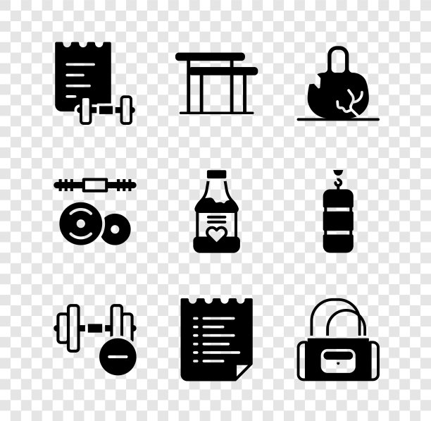 设置运动训练计划，高低杠，破碎的重量，哑铃，包，杠铃和维生素图标。向量图片下载