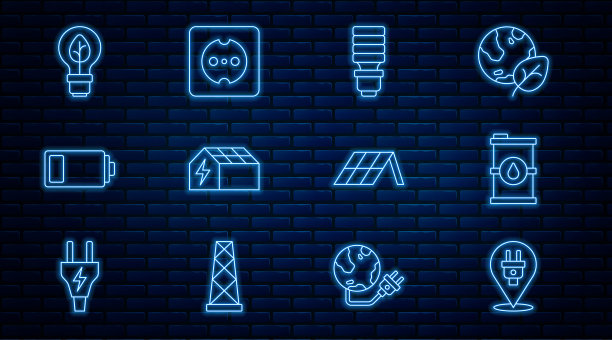 设置线:电插头、生物燃料桶、LED灯泡、太阳能电池板、电池、带叶片灯、电源插座图标。向量图片下载