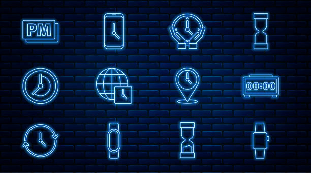 设置行智能手表，数字闹钟，时钟，世界时间，下午，位置与报警应用程序移动图标。向量图片下载