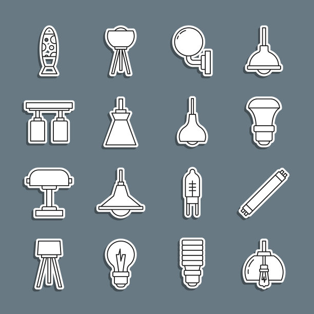 设置线吊灯，日光灯，LED灯泡，壁灯，吊灯，LED轨道灯，灯具，地板和图标。向量图片下载