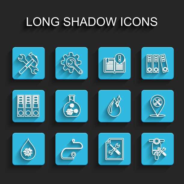 设置线脏水滴，路线位置，交叉锤和扳手，文件文件服务，滑板车，试管病毒，位置和清洁图标。向量图片下载