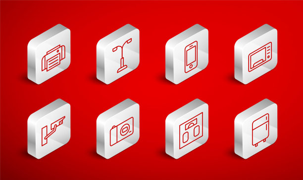 设置线冰箱，路灯，智能手机，微波炉，浴室磅秤，打印机，照片相机和安全图标。向量图片下载