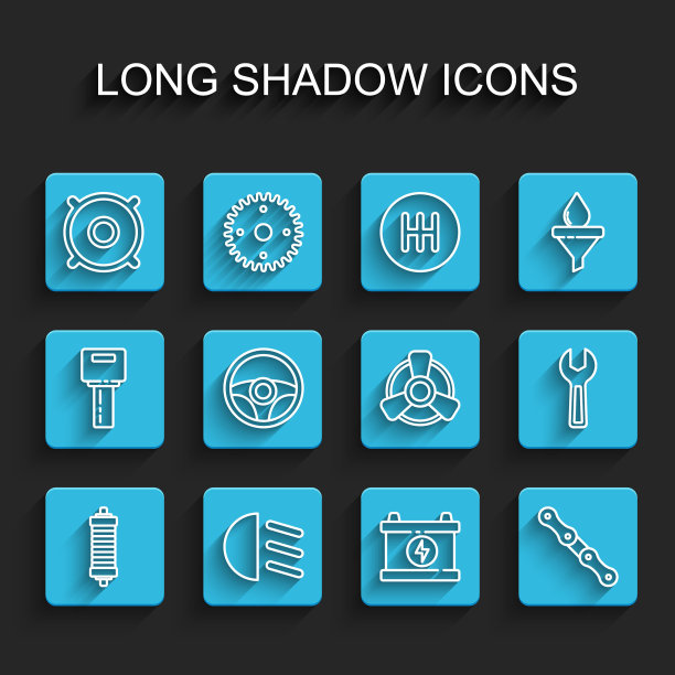 设置线路减震器，远光灯，汽车音箱，电池，链条，方向盘，扳手扳手和电机通风图标。向量图片下载