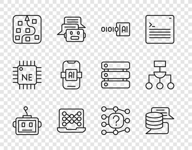 设置线人工智能机器人、服务器、数据、二进制代码、神经网络、人工智能和算法图标。向量图片下载