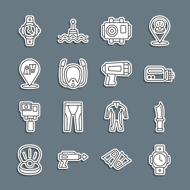 设置线潜水手表，刀，潜水员手电筒，照片相机，面罩与通气管，鳍状肢游泳，和图标。向量图片下载