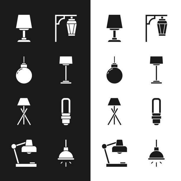 设置落地灯，灯挂，桌子，复古街灯，LED灯泡，吊灯和图标。向量图片下载