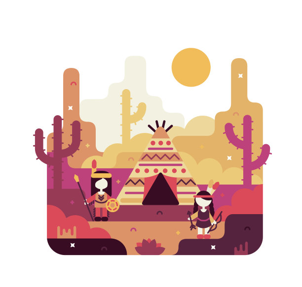 有弓，箭，矛和棚屋的土著美国印第安孩子的正方形插图。矢量平面卡通插图图片下载