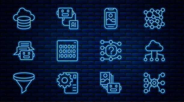 设置线神经网络、网络云连接、手机、二进制代码、聊天机器人、云数据库、人工智能机器人图标。向量图片下载