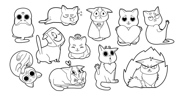 线猫贴纸集。捆绑可爱的宠物动物手绘轮廓线在白色背景。有趣的轮廓卡通人物图片下载