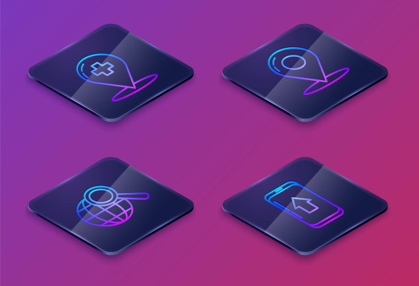 设置等距线医疗地图指针与交叉医院，放大镜与地球仪，地图针和城市地图导航信息图。蓝色方块按钮。向量图片下载