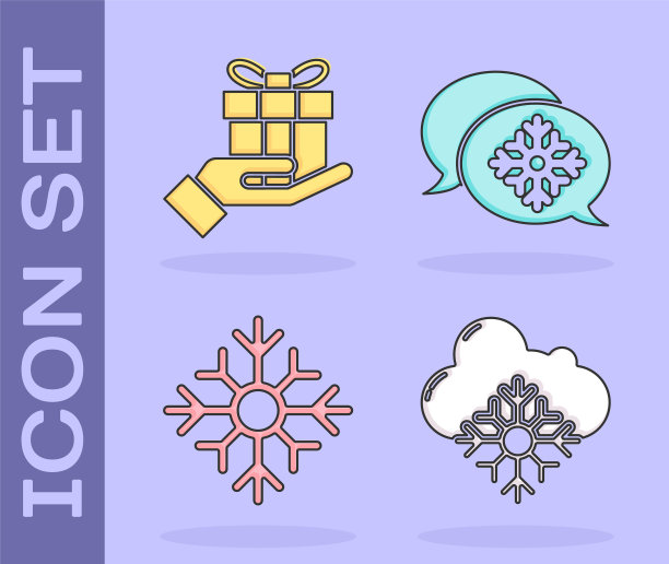 设置云与雪，礼盒在手，雪花和雪花与语音气泡图标。向量图片下载