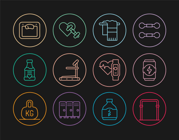 设置线运动水平酒吧，能量饮料，毛巾衣架，跑步机，维生素，浴室秤，心脏和哑铃图标智能手表。向量图片下载