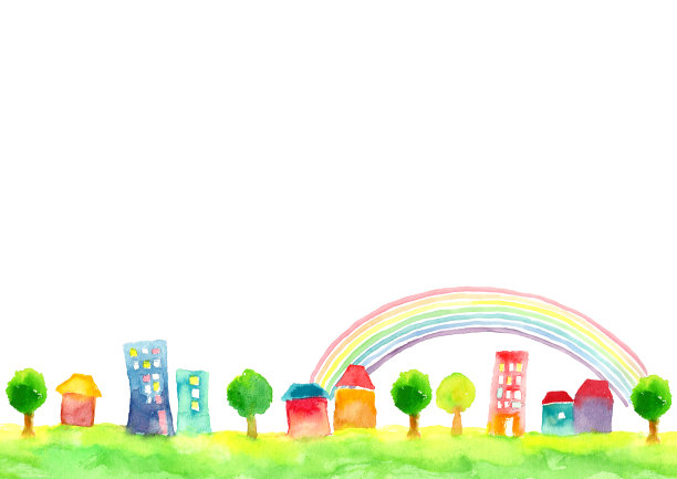 用水彩画的彩虹和城镇风景的插图图片下载