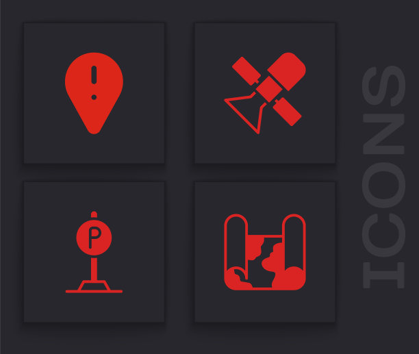 设置折叠地图，位置与感叹号，卫星和停车图标。向量图片下载