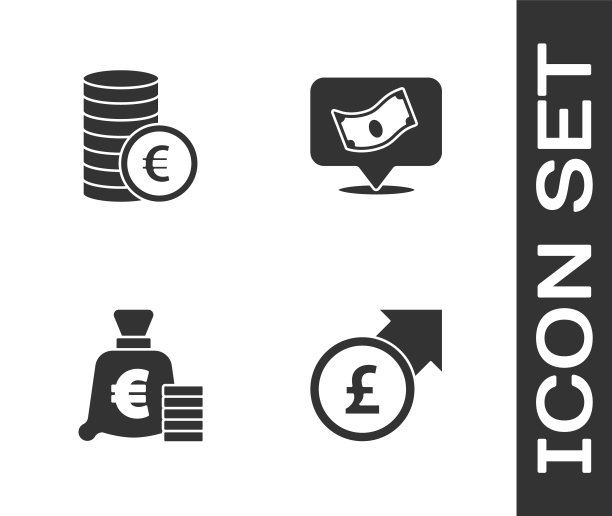 设置金融增长和英镑，硬币与欧元符号，和堆栈纸现金图标。向量图片下载