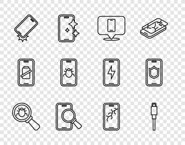 设置线路系统bug, USB电缆线，电话维修服务，防震电话，手机，手机与破碎屏幕和屏蔽图标。向量图片下载