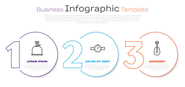 设置线野营煤气炉，手表和吉他。业务信息模板。向量图片下载