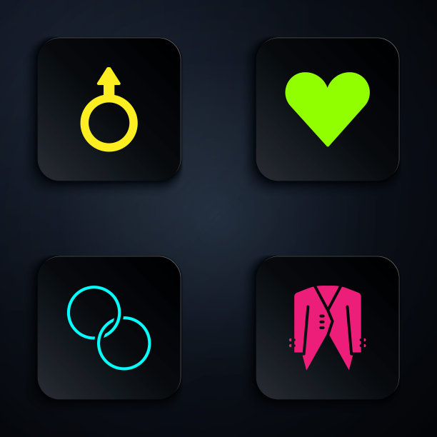 套装，男性象征，结婚戒指和心。黑色方形按钮。向量图片下载