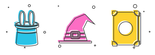 设置魔术师的帽子和兔子耳朵，女巫的帽子和古代魔法书的图标。向量图片下载