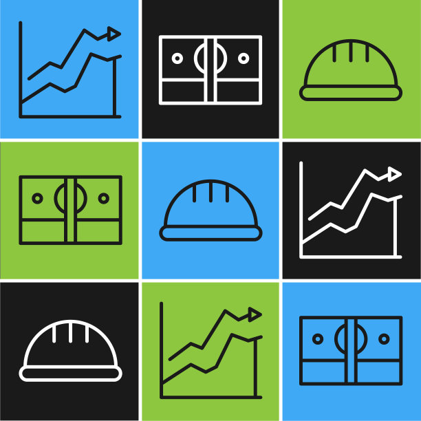 设置行油价上涨，工人安全帽和叠纸钱现金图标。向量图片下载