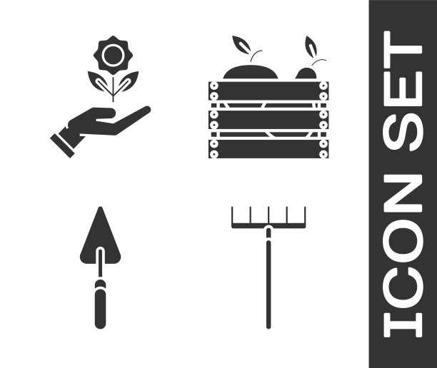 设置花园耙子，手握花，花园铲子或铲子和水果和蔬菜图标木盒。向量图片下载