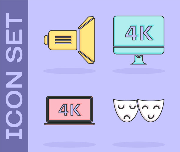 设置喜剧和悲剧戏剧面具，电影聚光灯，笔记本电脑屏幕与4k视频技术和电脑PC显示器与4k视频技术图标。向量图片下载