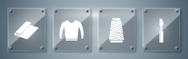 设置刀具，线轴上的缝纫线，毛衣和纺织织物卷。方形玻璃面板。向量图片下载