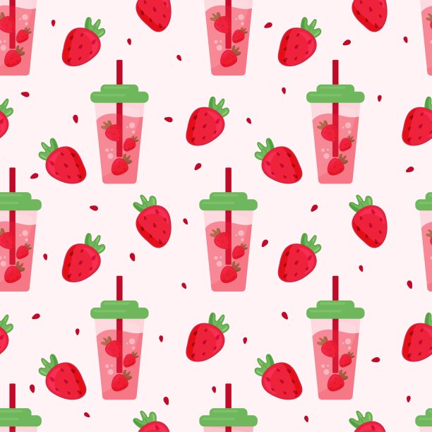 无尽的无缝图案与草莓奶昔和草莓平面矢量插图的玻璃图片下载