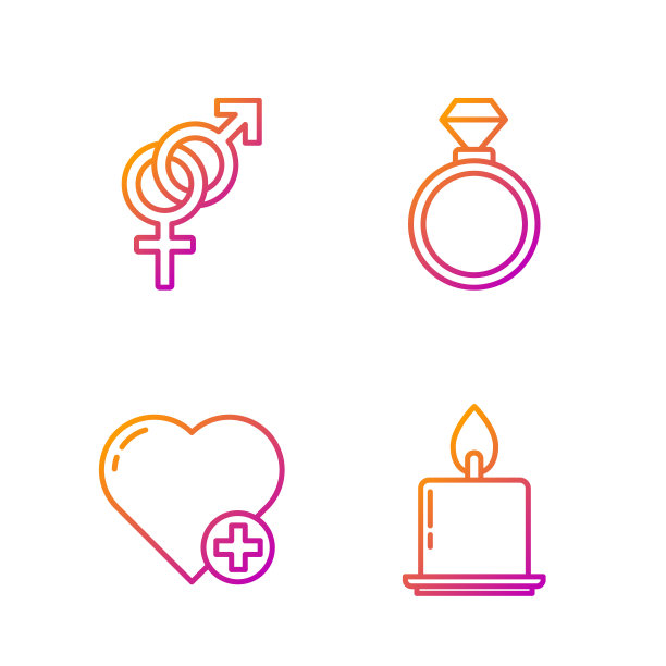 设置线燃烧的蜡烛，心，性别和结婚戒指。渐变颜色图标。向量图片下载