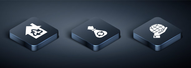 设置带有回收标志的等角生态住宅、人类手握地球仪和带有回收标志的垃圾袋。向量图片下载