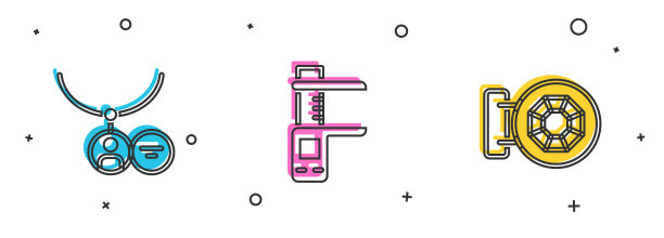 设置项链，卡尺或卡尺和秤和珠宝店图标吊坠。向量图片下载