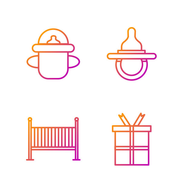 集礼盒、婴儿摇篮、奶瓶、奶嘴于一体。渐变颜色图标。向量图片下载