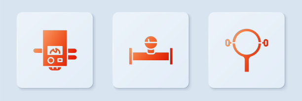 成套工业管道、压力计、燃气锅炉、过滤器扳手。白色正方形按钮。向量图片下载