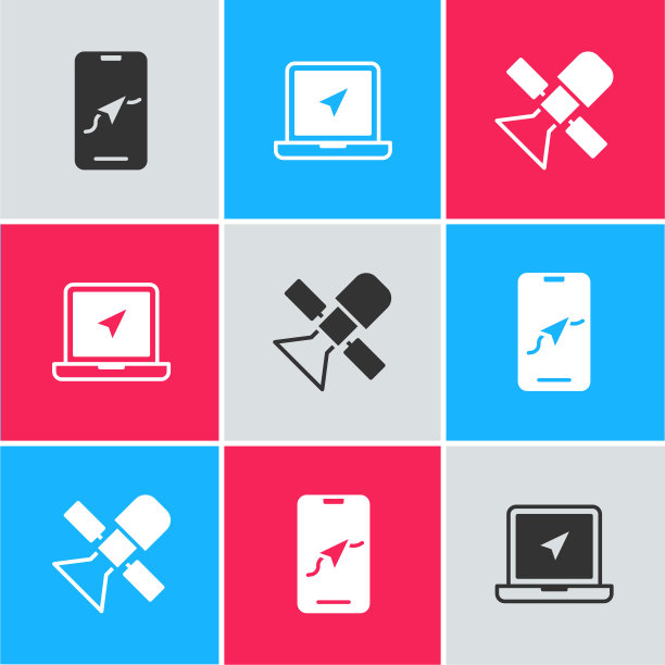 设置城市地图导航，笔记本电脑与位置标记和卫星图标。向量图片下载