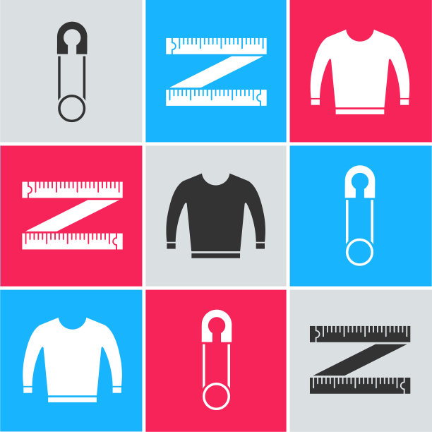设置经典封闭钢安全别针，卷尺和毛衣图标。向量图片下载