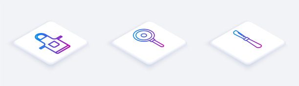 设置等距线厨房围裙，煎锅和刀。白色正方形按钮。向量图片下载