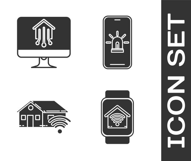 设置智能手表与智能家居与wi-fi，电脑显示器与智能家居，手机与智能家居和警报图标。向量图片下载