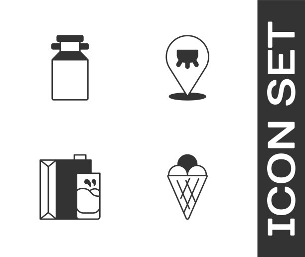 冰淇淋在华夫筒，牛奶罐头容器，纸包装和乳房图标。向量图片下载