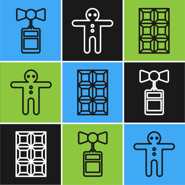 设置一行价格标签铭文销售，巧克力棒和假日姜饼人饼干图标。向量图片下载