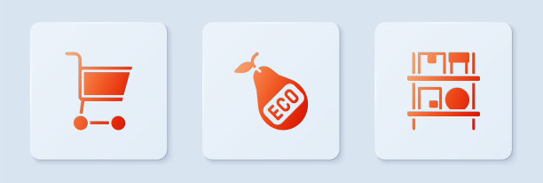 设置健康有机梨，购物车和仓库内部与盒子。白色正方形按钮。向量图片下载