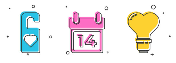 设置请不要打扰与心脏，日历与2月14日和心脏形状的灯泡图标。向量图片下载