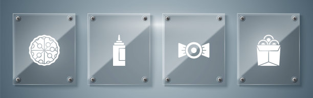 装盒面条、糖果、酱料瓶和披萨。方形玻璃面板。向量图片下载